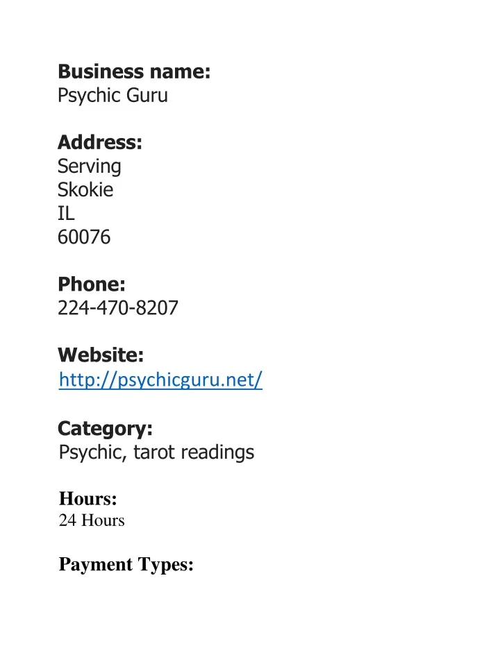 business name psychic guru address serving skokie