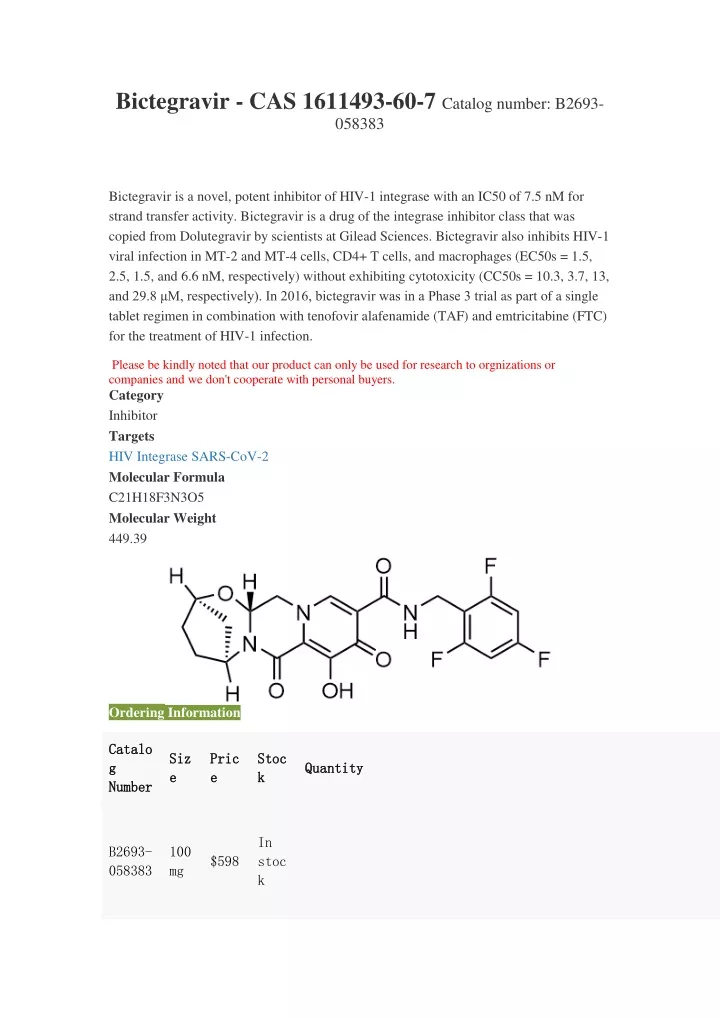 bictegravir cas 1611493 60 7 catalog number b2693