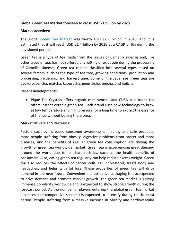 global green tea market foreseen to cross