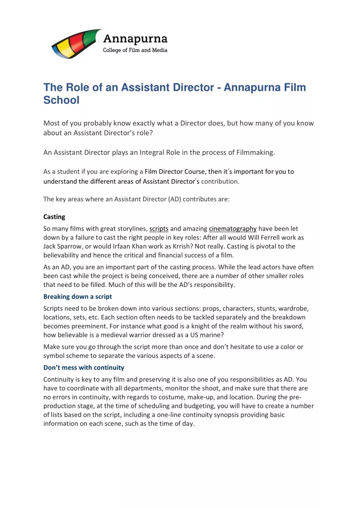 the role of an assistant director annapurna film