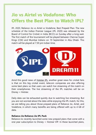 Jio vs Airtel vs Vodafone: Who Offers the Best Plan to Watch IPL?