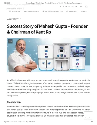 Success Story of Mahesh Gupta – Founder & Chairman of Kent Ro