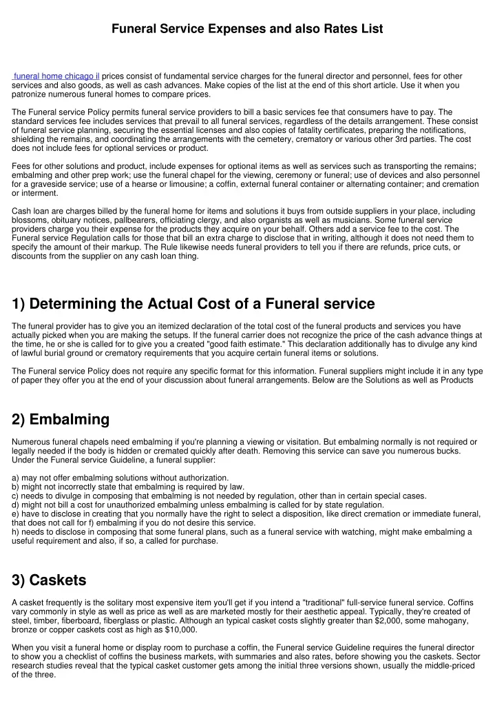 funeral service expenses and also rates list