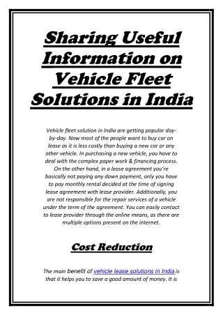Sharing Useful Information on Vehicle Fleet Solutions in India