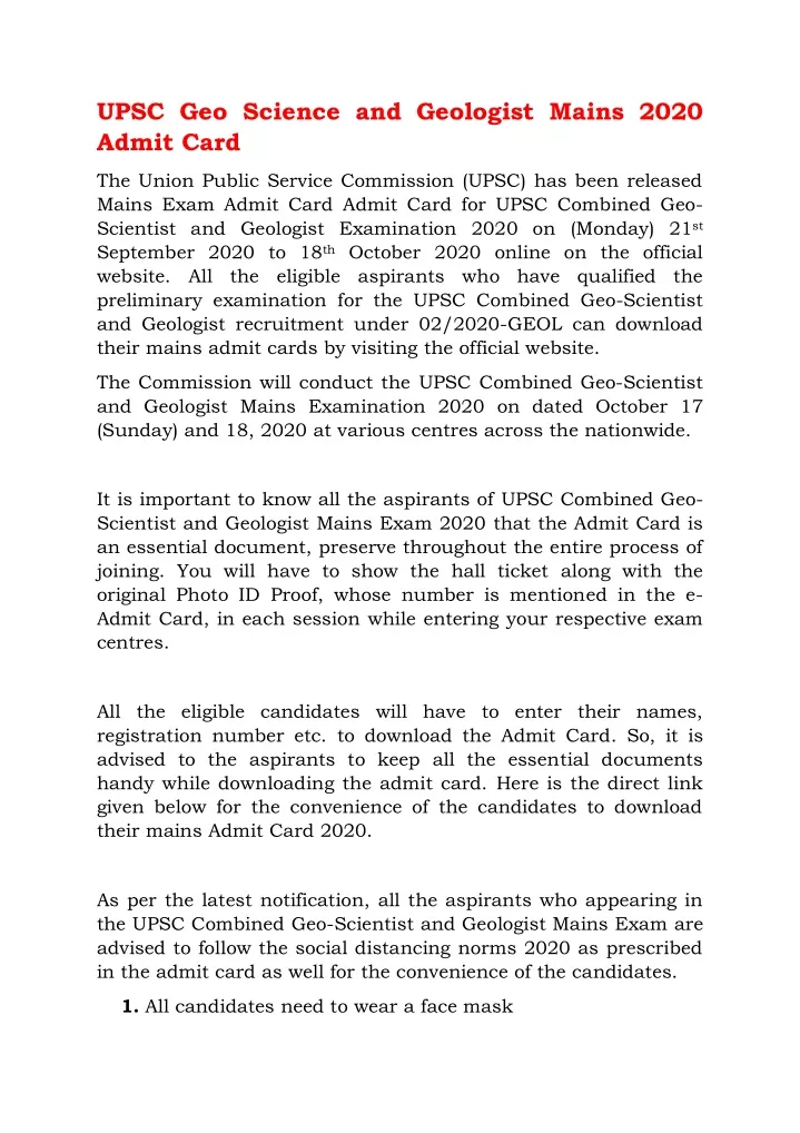 upsc geo science and geologist mains 2020 admit