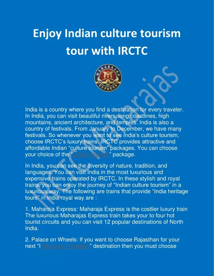 enjoy indian culture tourism tour with irctc