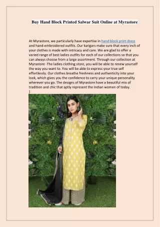 Buy Hand Block Printed Salwar Suit Online at Myrastore