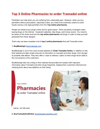 Top 3 Online Pharmacies to order Tramadol online