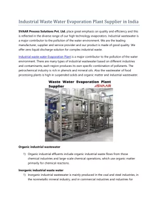 Industrial Waste Water Evaporation Plant Supplier in India