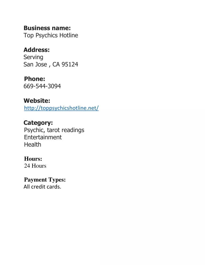 business name top psychics hotline address