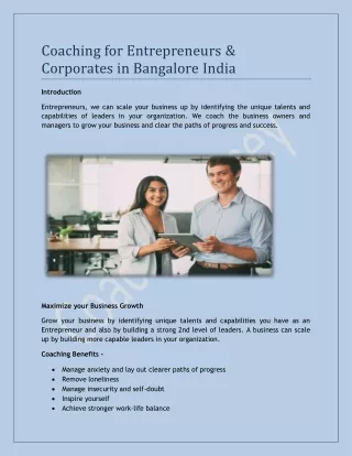 Coaching for Entrepreneurs & Corporates in Bangalore India
