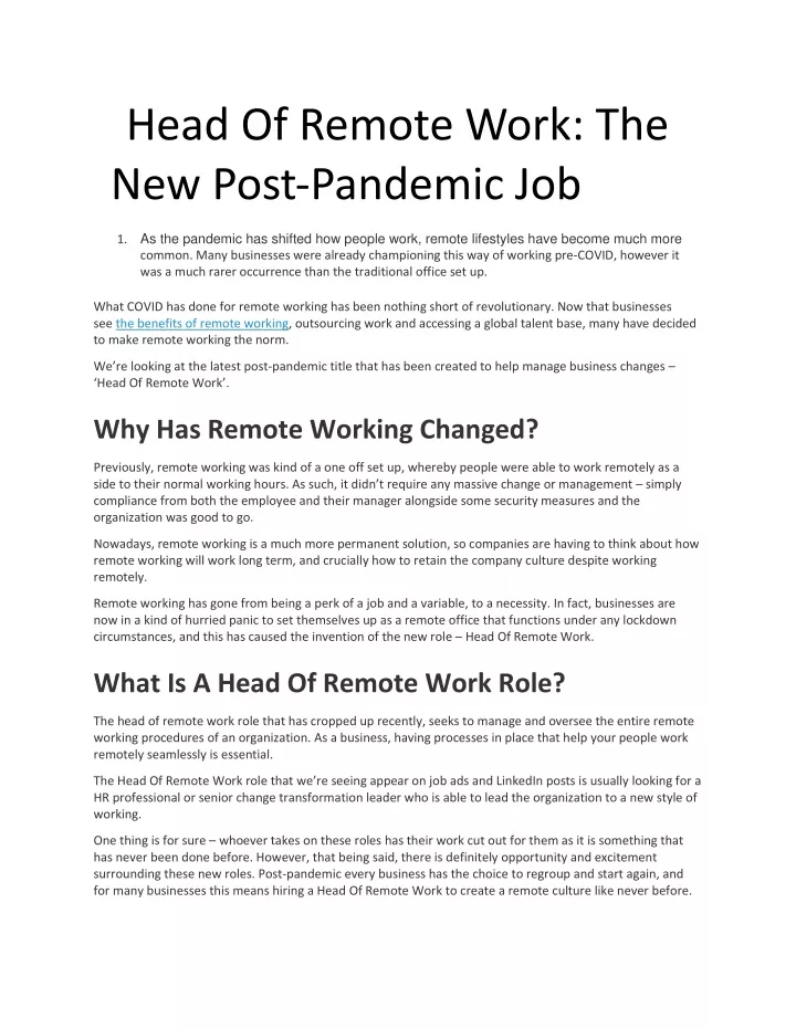 head of remote work the new post pandemic