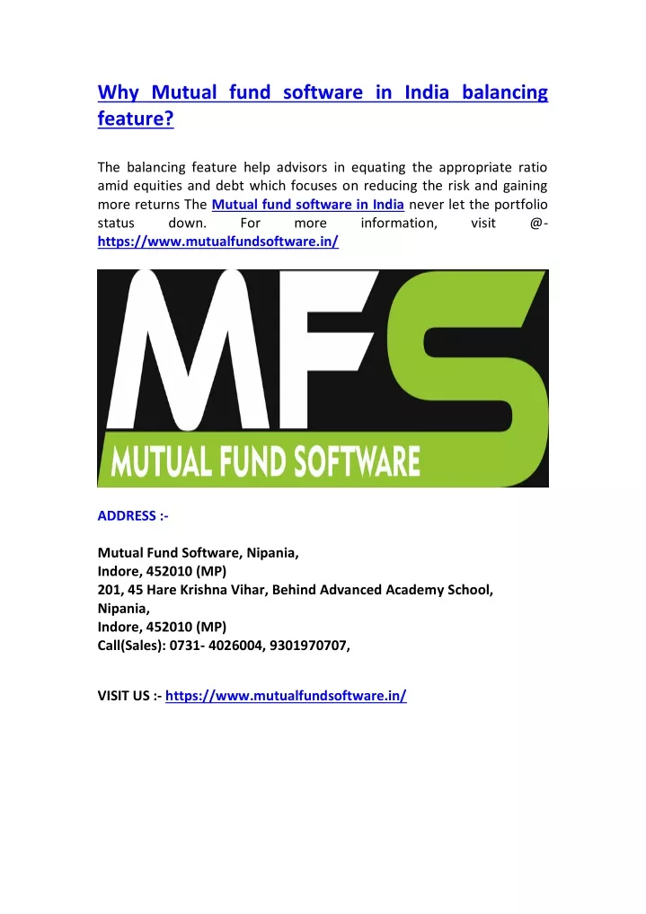 why mutual fund software in india balancing
