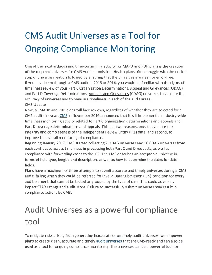 cms audit universes as a tool for ongoing