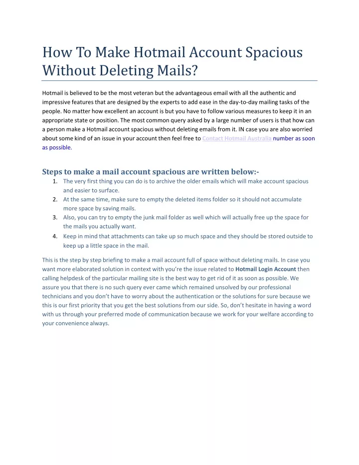 how to make hotmail account spacious without deleting mails