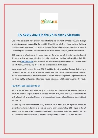 Try CBD E Liquid in the UK in Your E-Cigarette