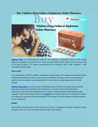 Buy Vidalista 20mg Online at Bspharma Online Pharmacy