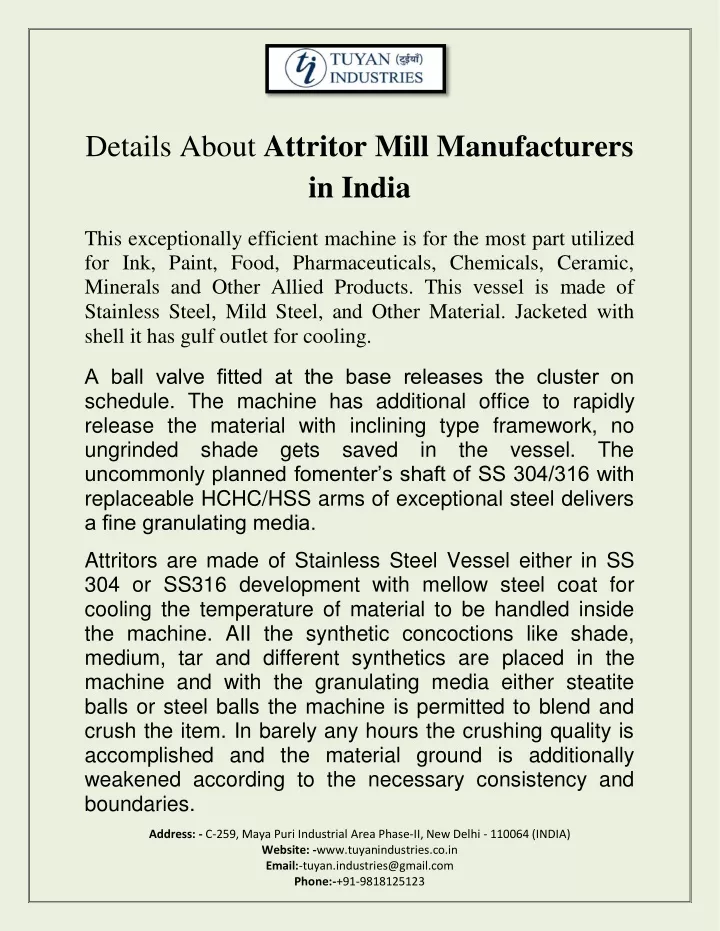 details about attritor mill manufacturers in india