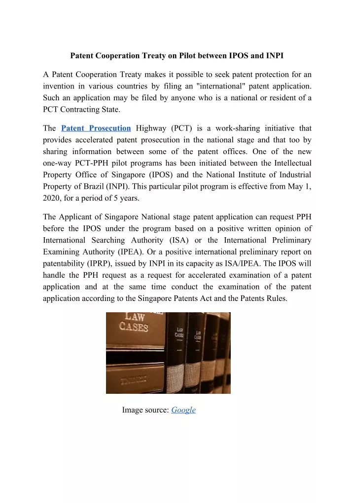 patent cooperation treaty on pilot between ipos