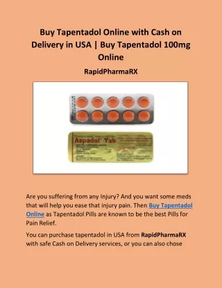 Buy Tapentadol Online with Cash on Delivery in USA | Buy Tapentadol 100mg Online
