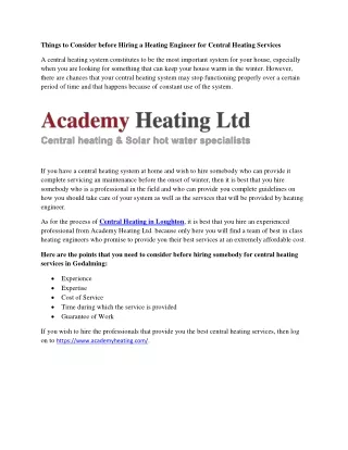 Things to Consider before Hiring a Heating Engineer for Central Heating Services