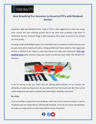 How Beneficial For Investors to Invest in ETFs with Dividend Stocks?