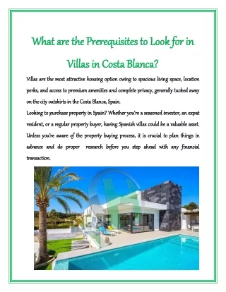 What are the Prerequisites to Look forin Villas in Costa Blanca?