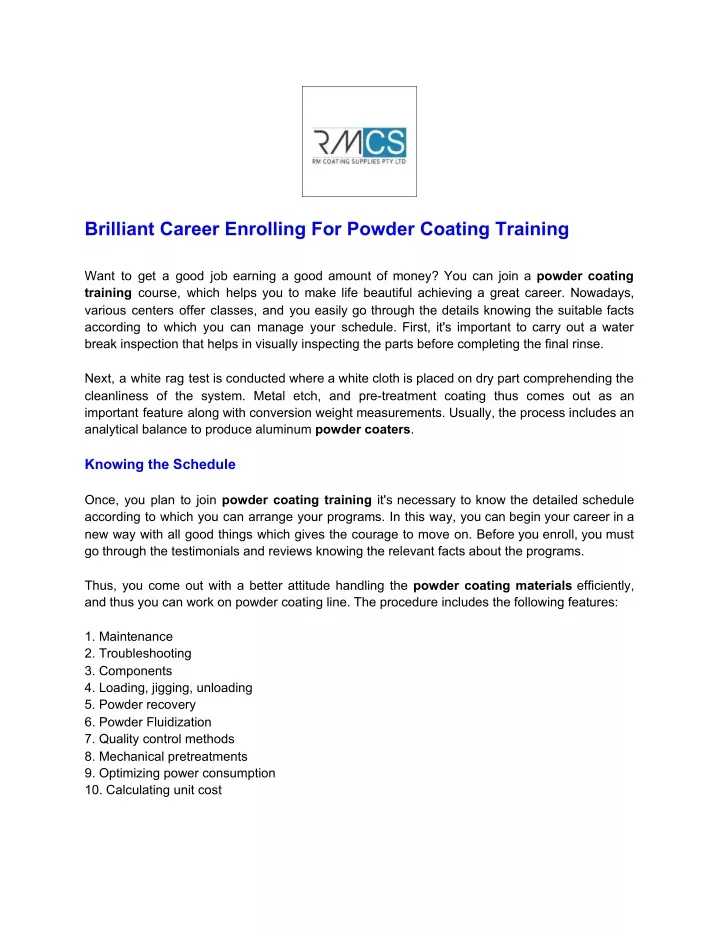 brilliant career enrolling for powder coating