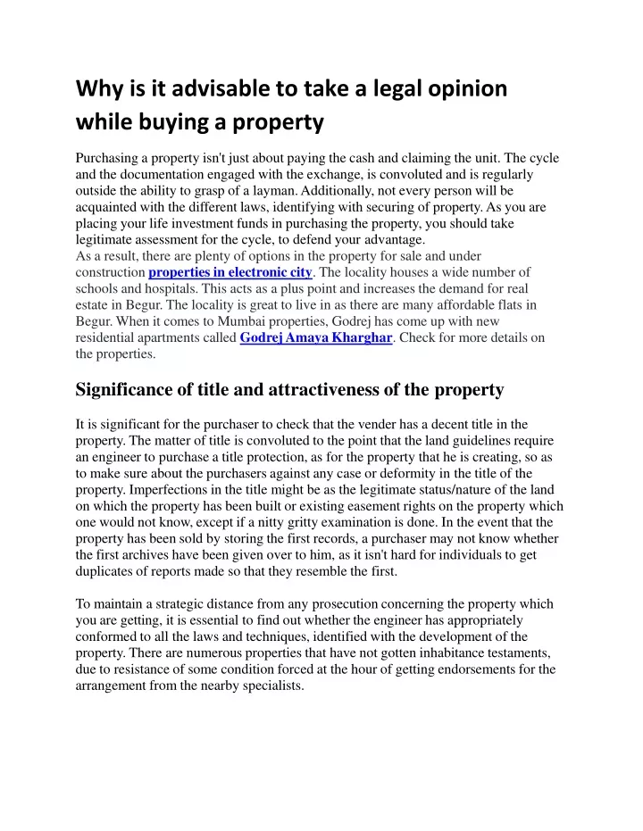why is it advisable to take a legal opinion while buying a property