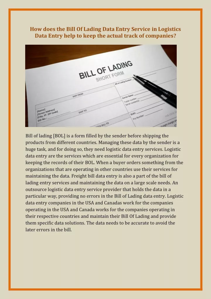 how does the bill of lading data entry service