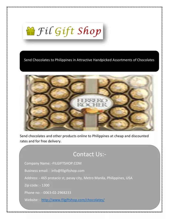 send chocolates to philippines in attractive