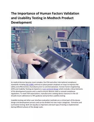 Know the Importance of Human Factors Validation and Usability Testing in Medtech Product Development