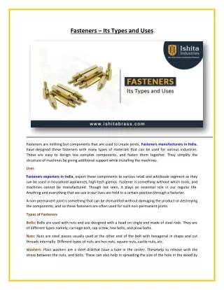 Fasteners – Its Types and Uses