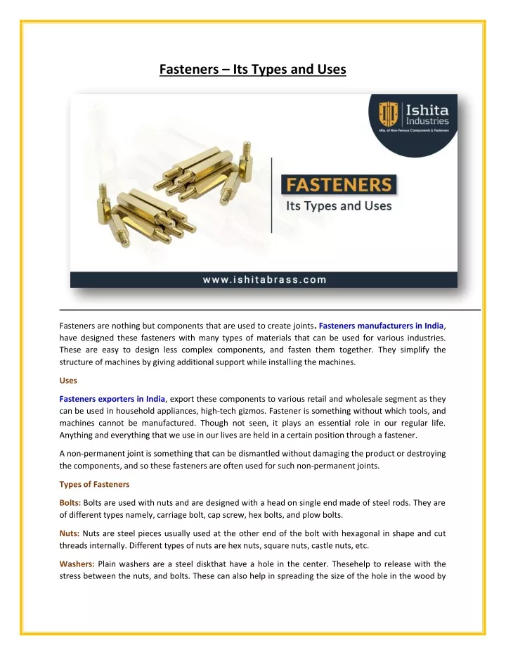 fasteners its types and uses