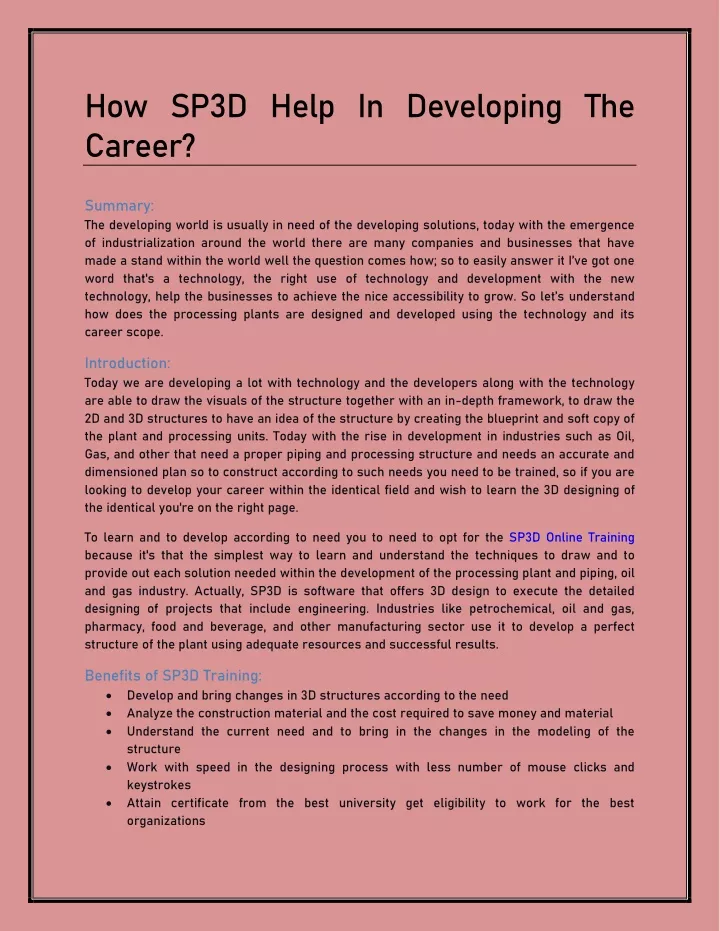 how sp3d help in developing the career