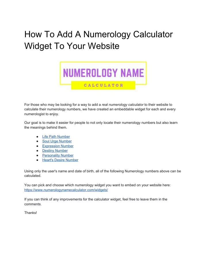 how to add a numerology calculator widget to your