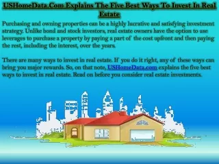 USHomeData.Com Explains The Five Best Ways To Invest In Real Estate