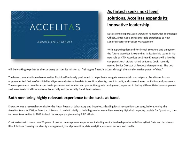 as fintech seeks next level solutions accelitas