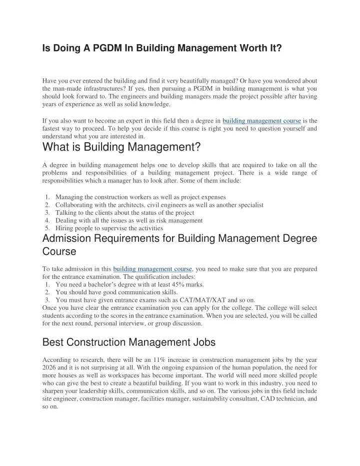 is doing a pgdm in building management worth it