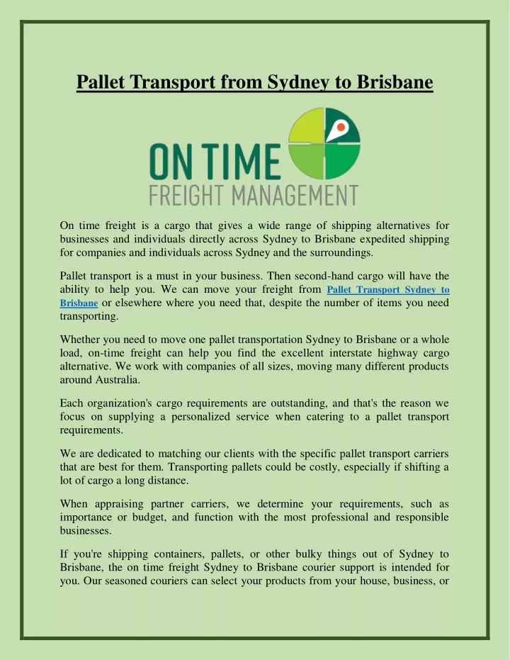 pallet transport from sydney to brisbane