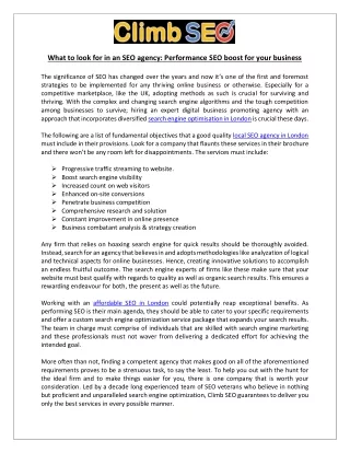 what to look for in an seo agency performance