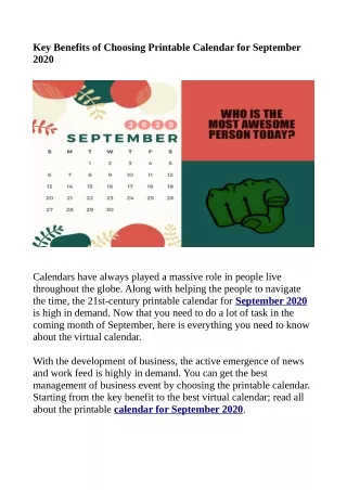 Benefits of Choosing Printable Calendar for September 2020