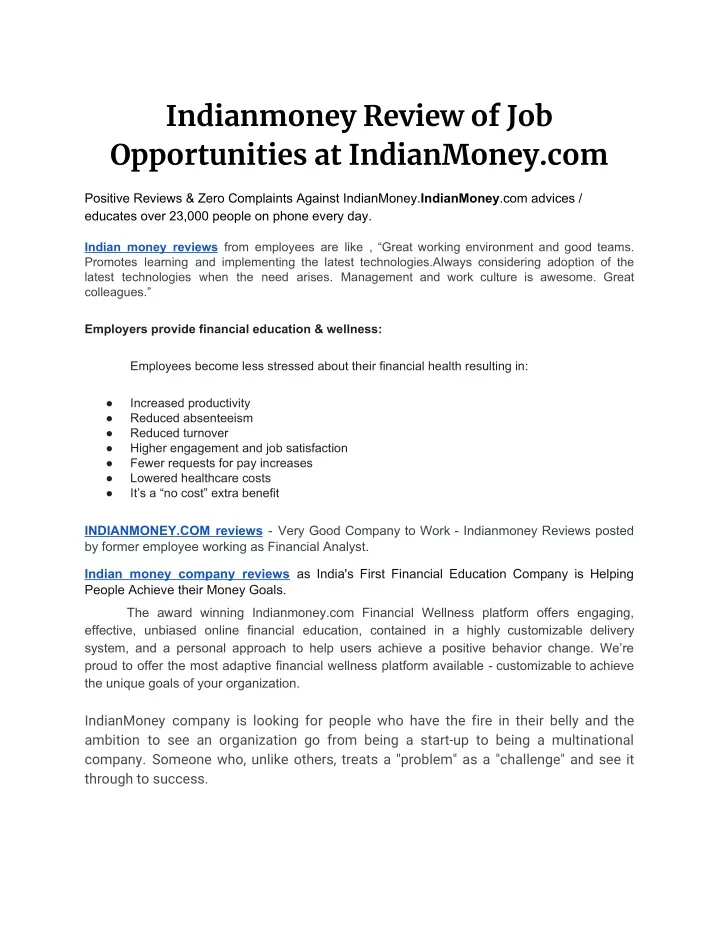 indianmoney review of job opportunities