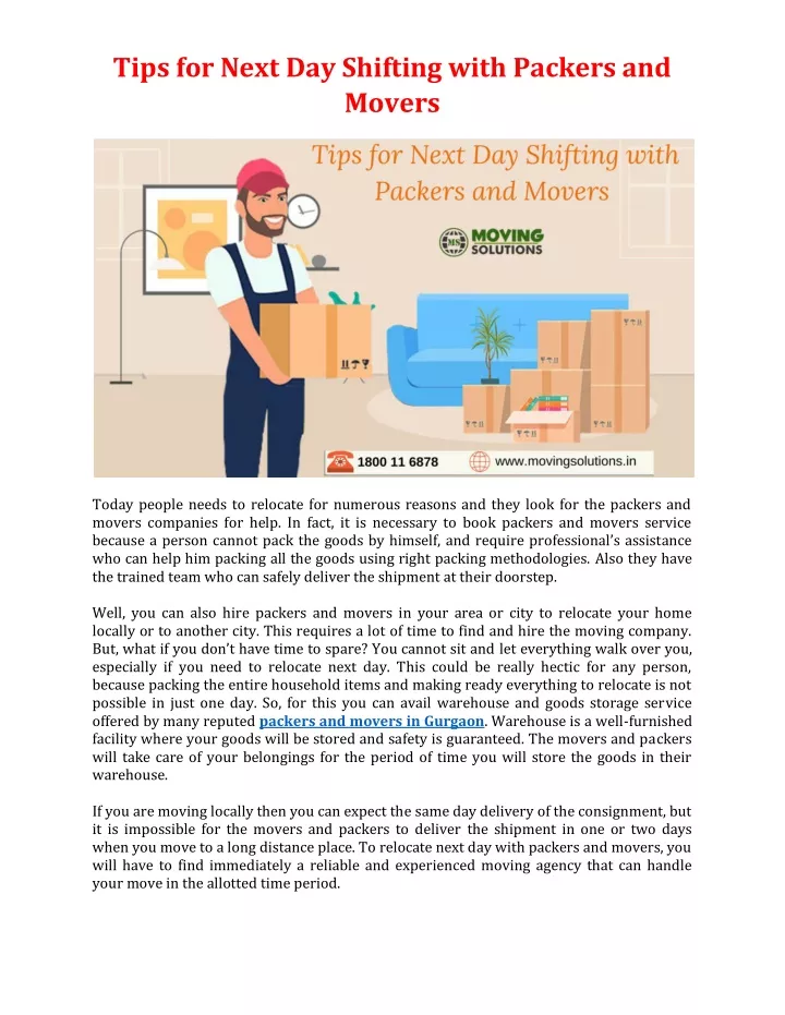 tips for next day shifting with packers and movers