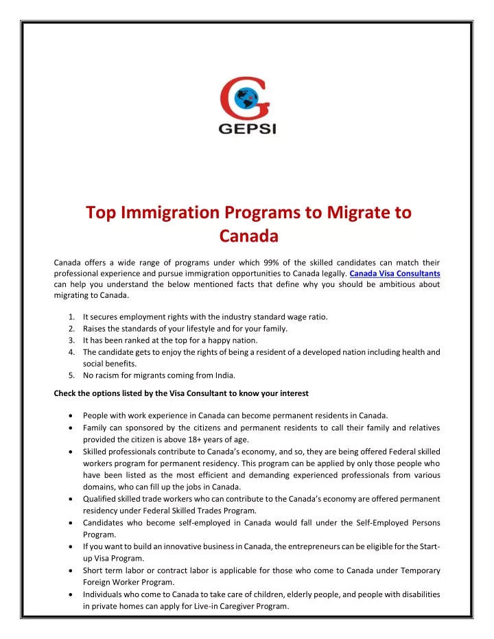 top immigration programs to migrate to canada