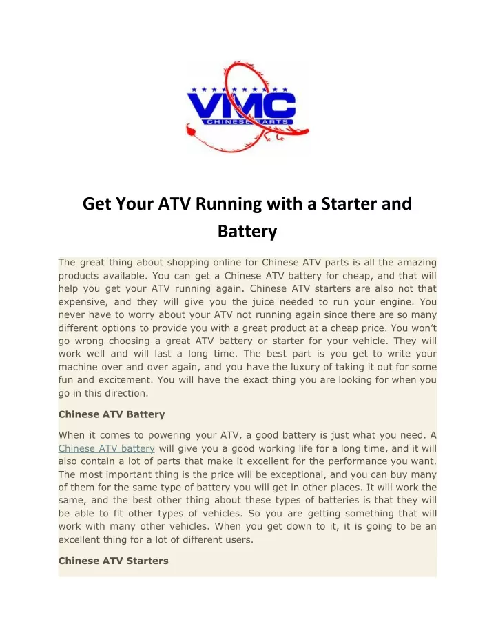 get your atv running with a starter and battery