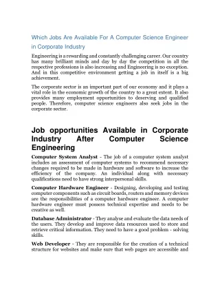 Which Jobs Are Available For A Computer Science Engineer in Corporate Industry