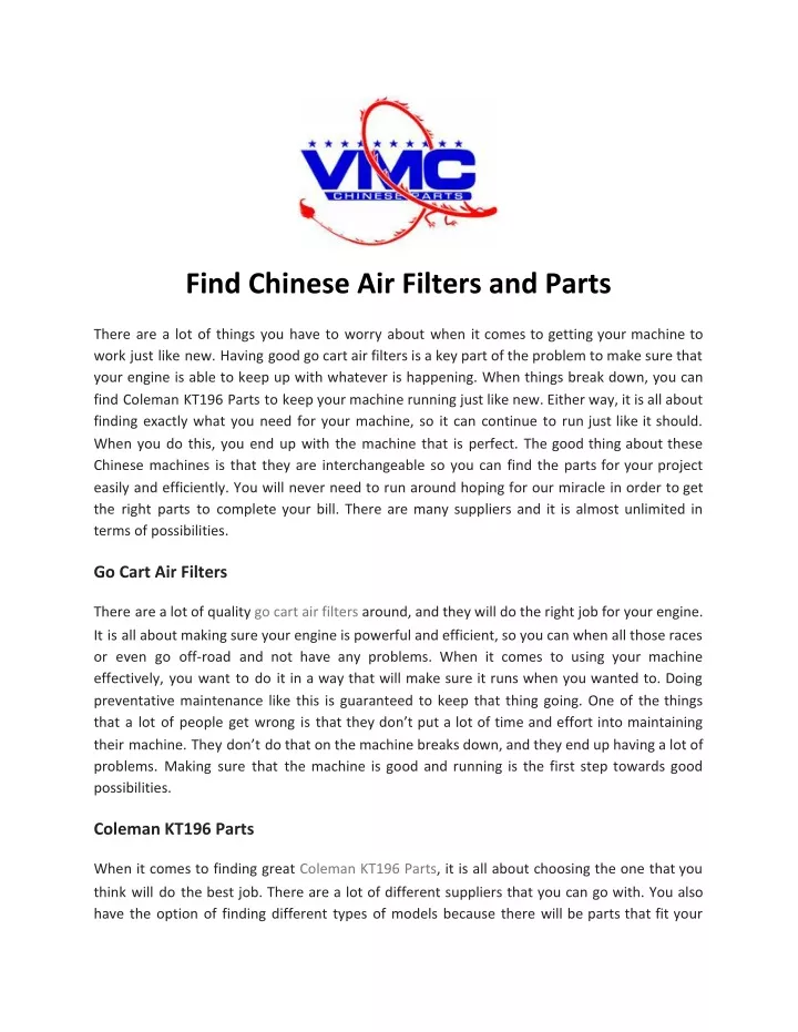 find chinese air filters and parts