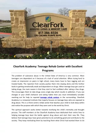 Clearfork Academy: Teenage Rehab Center with Excellent Programs