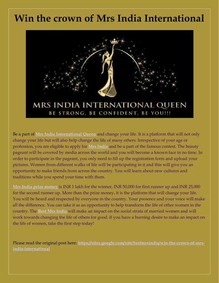 win the crown of mrs india international